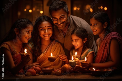 Family sits together near night light candles around table. Indian Diwali celebrations. Tradition festival.