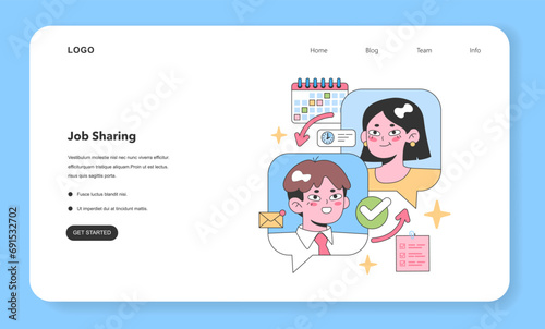 Two colleagues collaborate in job sharing, dividing tasks and managing time efficiently. Teamwork approach to flexible working. Flat vector illustration