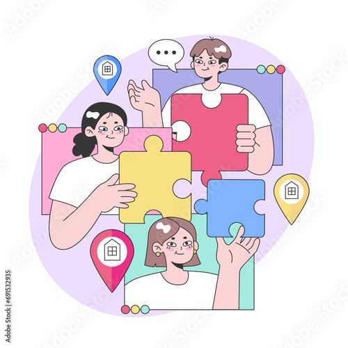 Community connection concept. People fitting together puzzle pieces, symbolizing teamwork and collaboration. Building a shared neighborhood vision. Uniting for common goals. Flat vector illustration.