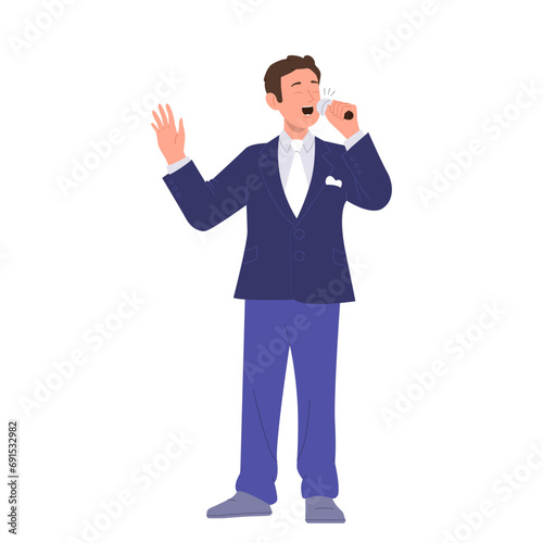 Elegant man cartoon character singing in microphone vector illustration isolated on white background
