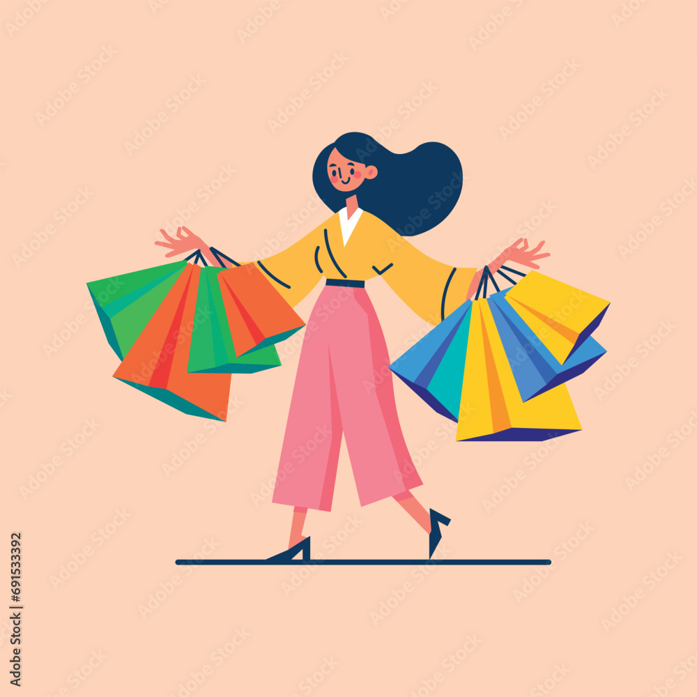 cartoon woman shopping, a girl happily walking with shopping bags, cartoon flat character design, vector cartoon woman shopping, a girl happily walking with shopping bags, cartoon flat character design, vector