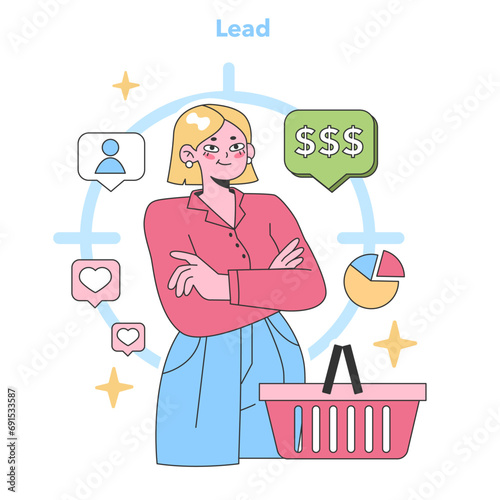 Confident woman surrounded by lead generation icons, visualizing the process from attraction to conversion. Flat vector illustration