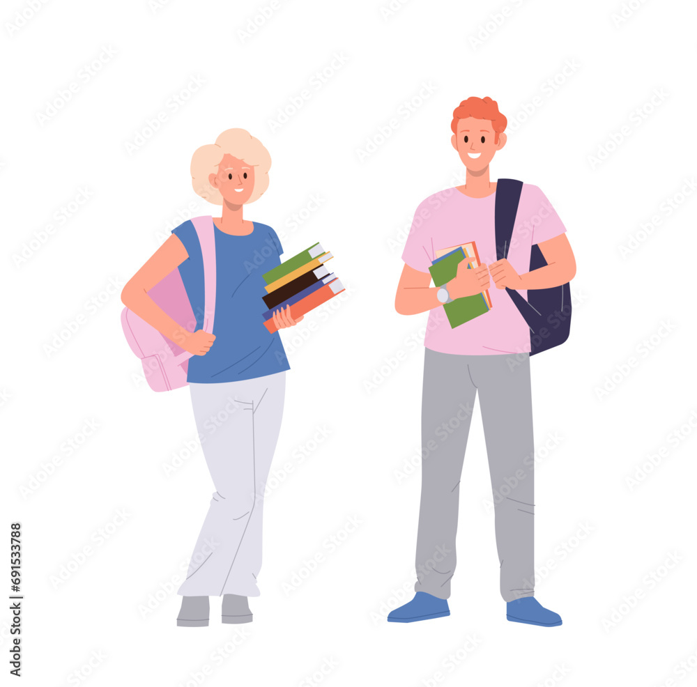 Happy male and female students cartoon characters with books stack and backpacks isolated on white
