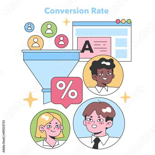 Diverse team evaluates conversion rate, funneling website visitors into leads with a digital interface backdrop. Flat vector illustration