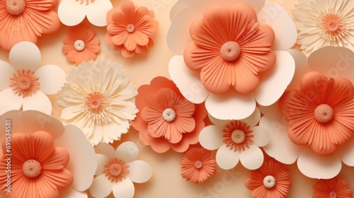 Abstract Paper Flowers in Peach Fuzz, Artistic Design Display. #691534581