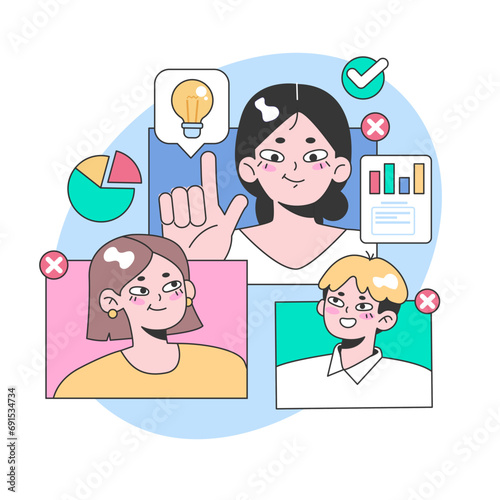 Collaborative brainstorming concept. Leader showcasing a bright idea while team members offer feedback, some ideas thriving while others falter. Data visualization and team dynamics. Flat vector.