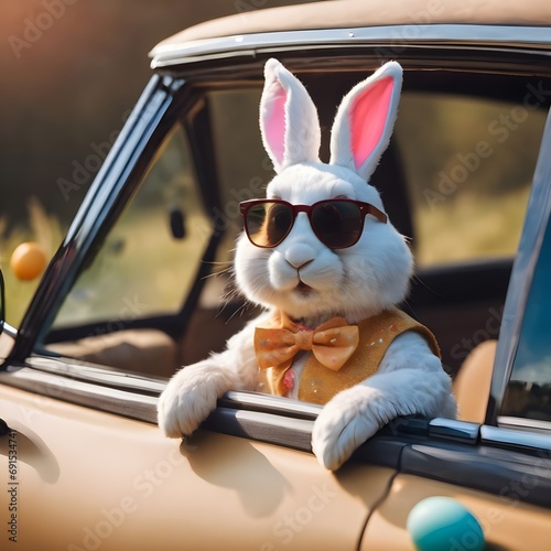 Cute old Easter Bunny with sunglasses looking out of a car filed with easter eggs