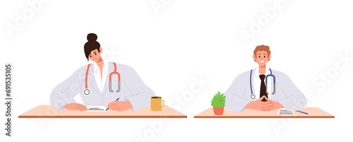 Male and female doctor, nurse cartoon characters wearing lab coat at workplace isolated set