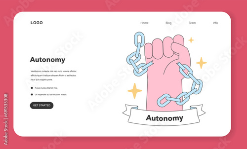 Symbol of autonomy with a clenched fist breaking chains, representing the unyielding spirit of independence and self-determination. Flat vector illustration