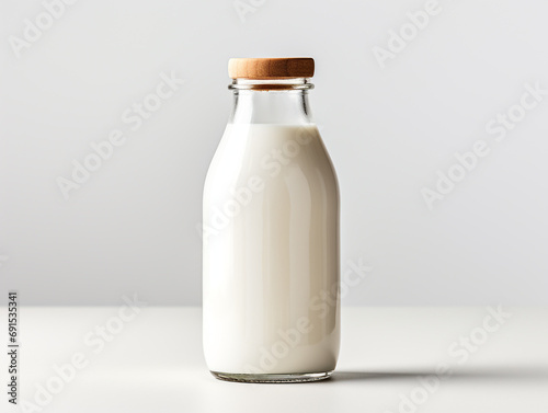 A bottle of milk, isolated on a white background. Minimalist setting.  