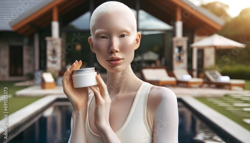 A young albino woman poses for a mockup of a skin care jar container. 
