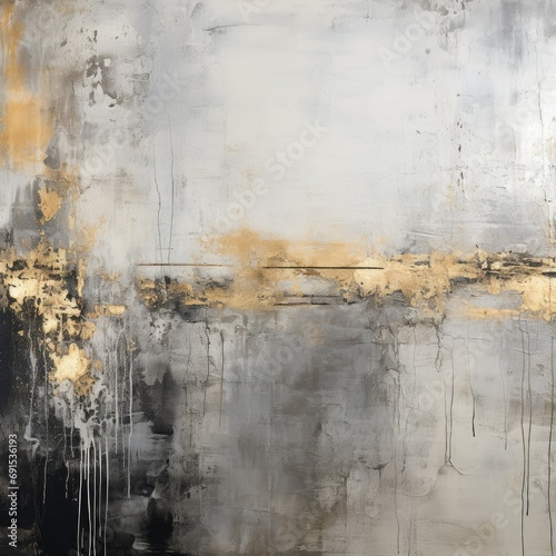 Abstract painting in black and silver with gold accents, modern decoration