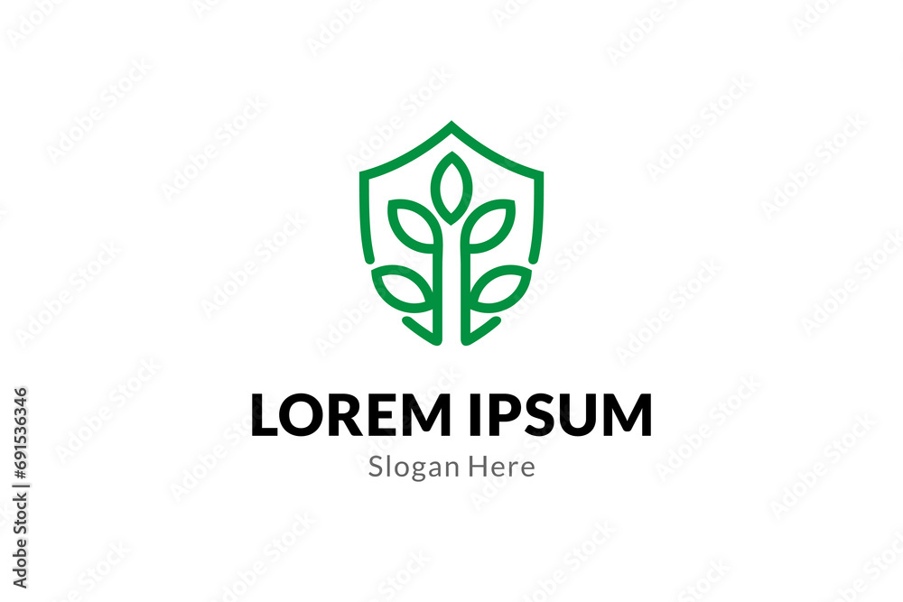Plant logo with shield shape combination in linear design style Plant logo with shield shape combination in linear design style