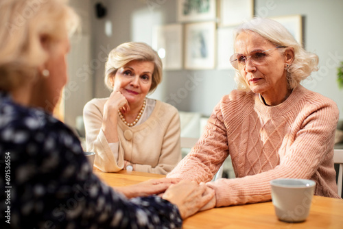 Senior women talking holding hands at home photo