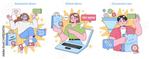 Digital Marketing set. Showcasing interactive and virtual demos leading to increased conversion rates for new products. Flat vector illustration