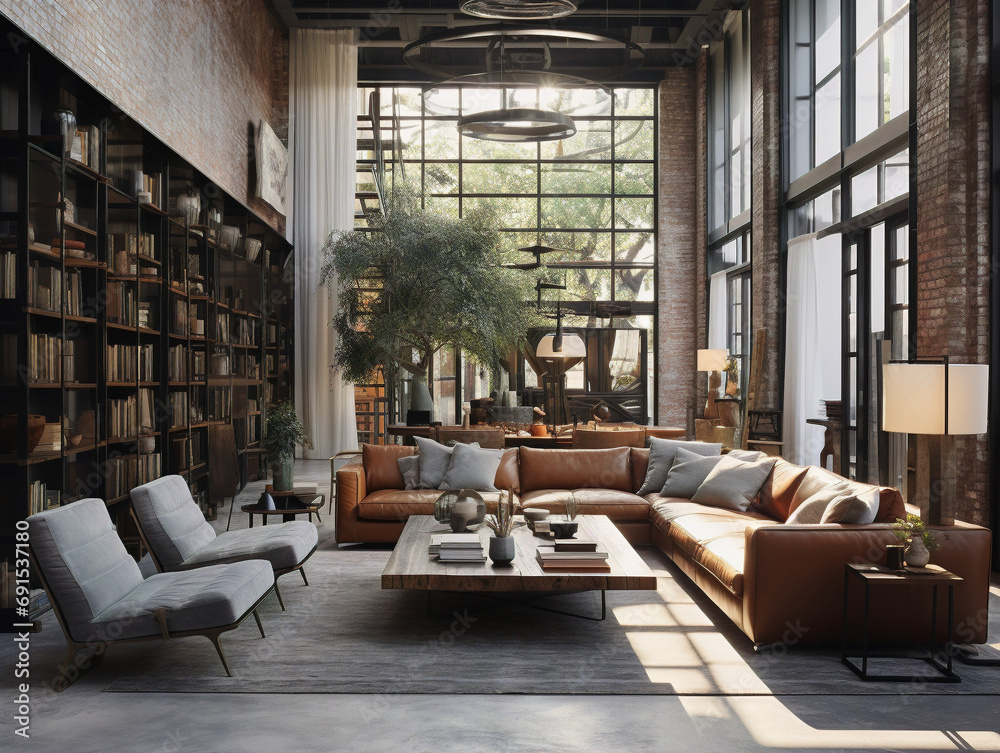 An open plan living space with an industrial chic vibe, showcasing a mix of furniture and decor.