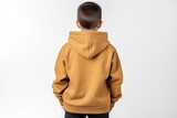 Little Boy In Gold Hoodie On White Background, Back View, Mockup
