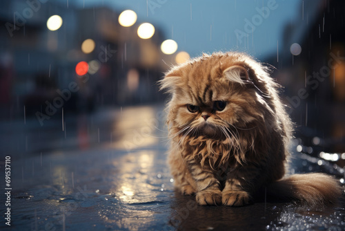 sad little ginger cat abandoned in the rain