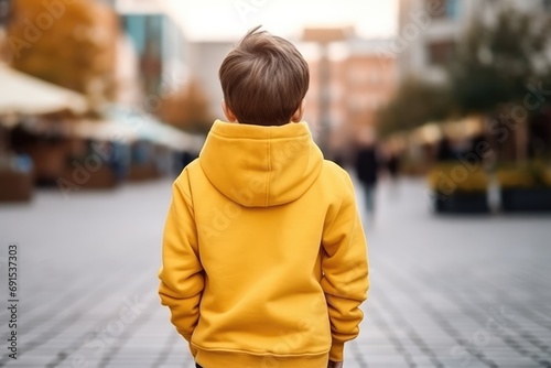 Little Boy In Yellow Hoodie On The Street, Back View, Mockup