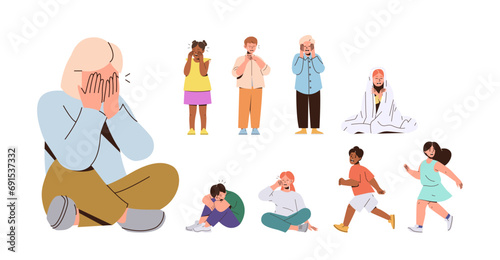 Upset crying children set, little boy girl weeping and sobbing feeling different negative emotion