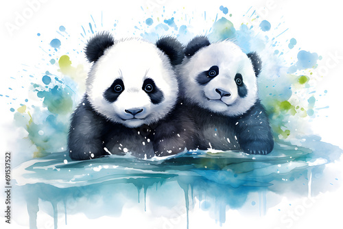water color vector illustration of two panda isolated on white background, 