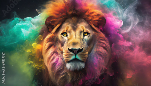 Portret lwa w kolorowym dymie, generative AI
