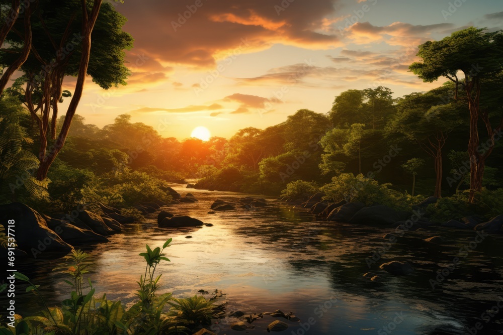 Beautiful Green Amazon Forest Landscape At Sunset Or Sunrise Photorealism
