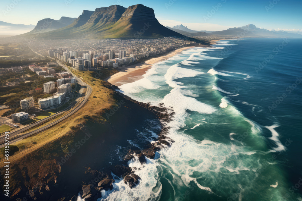 Naklejka premium Cape Towns Coastline And Waves Captured From Above