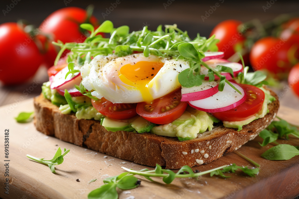 Set of breakfast sandwich bread with avocado, tomatoes, egg, radishes 