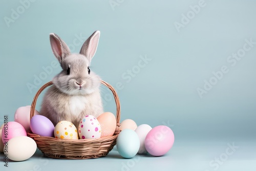 Easter Bunny With Basket Of Eggs Against Blank Space