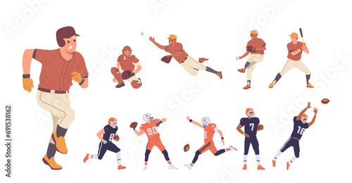 Professional sportsman cartoon characters in uniform playing baseball, american football set