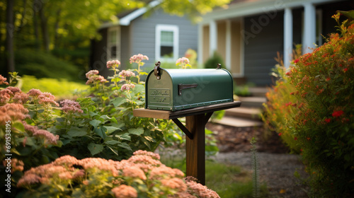 Green mail box in front of a house with garden. © AS Photo Family