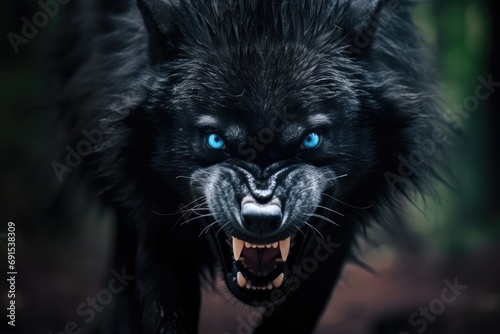 Fierce Growling Black Wolf With Angry Blue Eyes photo