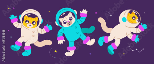 Cute cats astronauts. Cheerful cats in in space suits. Flat vector illustration