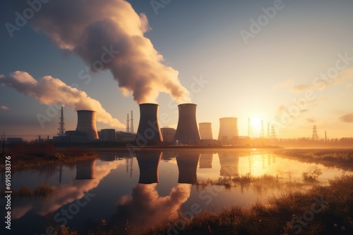 Golden Hour At Nuclear Power Plant Aigenerated. Сoncept Sunset Over The Ocean, Urban Cityscape, Mountain Landscapes, Candid Street Photography, Abstract Nature Photography