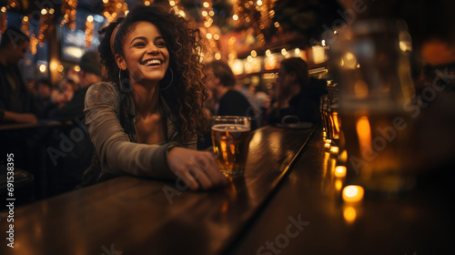 Hispanic latin woman sitting at the bar with a beer glass. photo