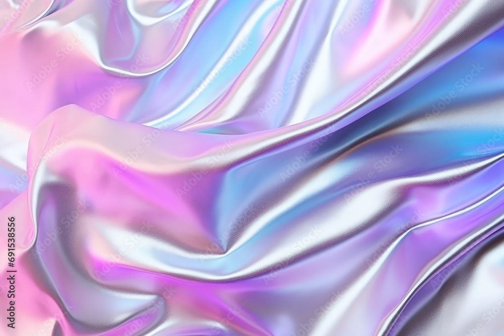 Obraz premium Iridescent Silver Holographic Crumpled Chrome Foil Wallpaper. Сoncept Sci-Fi-Themed Party, Galaxy-Inspired Decor, Futuristic Costumes, Neon Lights And Glow Paint