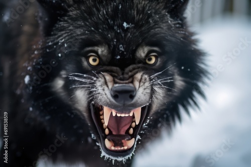 Intense Closeup Of Snarling Black Wolf At The North Pole. Сoncept Close-Up Wildlife, Arctic Wildlife, Black Wolves, North Pole Wildlife, Intense Expressions