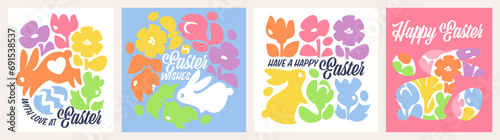 Easter design with cute bunny and colorful flowers. Simple vector illustrations set of sweet rabbit and floral wreath and easter eggs. Playful concept for seasonal poster or greeting card