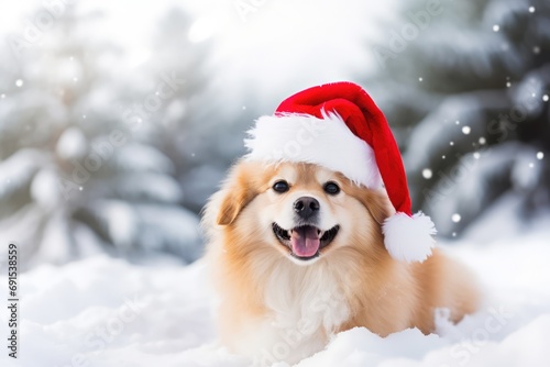 Joyful Dog In Santa Hat Against Winter Landscape