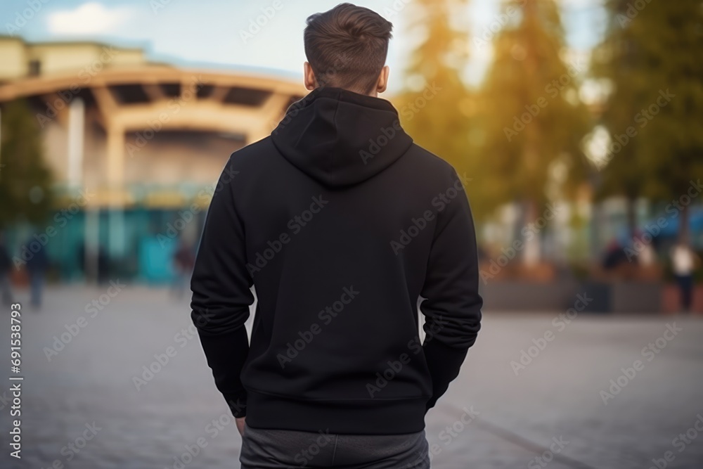 Man In Black Hoodie On The Street, Back View, Mockup Man In Black Hoodie On The Street, Back View, Mockup