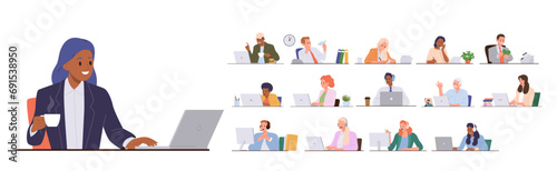People characters working online, using laptop computer holding videoconference, online consultation