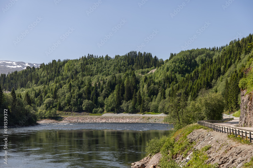 A panoramic summer view of Snasavatnet, Norway's sixth-largest lake, framed by lush forests, a curving road, and a clear blue sky, capturing the essence of a vibrant, sunny day