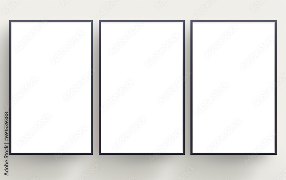 empty white three poster frames hanging on clean wall studio room, idea for picture mockup background, Generative Ai - obrazy, fototapety, plakaty 