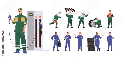 Auto service worker set with male cartoon character repairing, replacing or making diagnostics