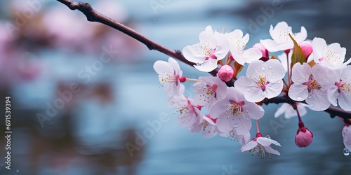 cherry blossom branch with water background, Generative Ai