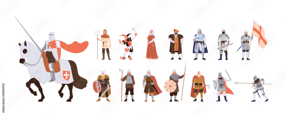 Medieval people cartoon characters set with knights, peasant, jester, nun, warrior, rich lord - obrazy, fototapety, plakaty 