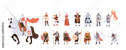 Medieval people cartoon characters set with knights, peasant, jester, nun, warrior, rich lord photo