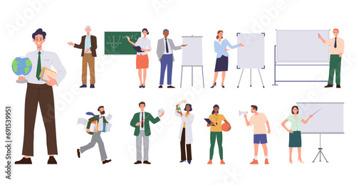 Male and female teacher characters isolated set teaching different school lesson and subject