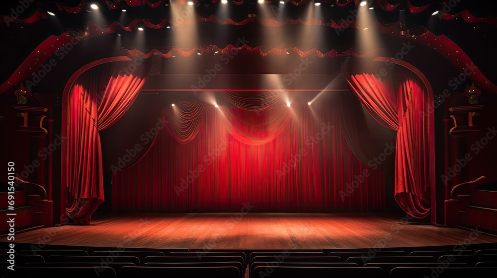 A stage draped with red curtains and spotlights - obrazy, fototapety, plakaty 
